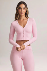 Modal Ribbed Cropped Cardigan in Pastel Pink