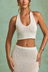 Bouclé Halterneck Crop Top in White