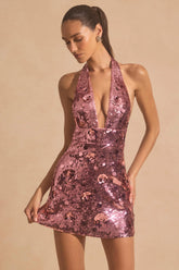 Sequin-Embellished Halterneck Mini Dress in Pink
