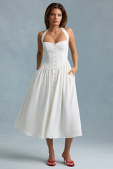 Button-Detail Halterneck Midaxi Dress in White