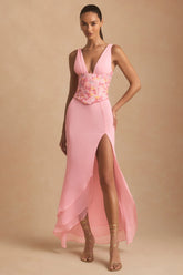 Embellished Plunge Ruffled Corset Maxi Dress in Pink