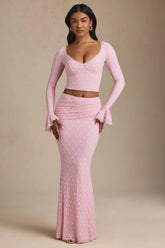 Draped Low-Rise Lace Maxi Skirt in Soft Pink