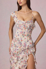 Asymmetric Ruffled Lace-Up Gown in Primrose Floral Print