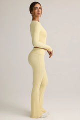 Modal Ribbed Foldover Flared Trousers in Buttercream Yellow