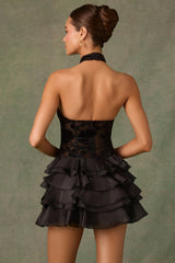 Embellished Ruffled Halterneck Mini Dress in Black