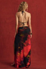 Mid-Rise Split Maxi Skirt in Red Blurred Print