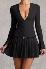 Long-Sleeve Pleated Mini Dress in Black