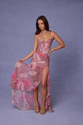 Ruched Asymmetric Corset Gown in Blurred Floral