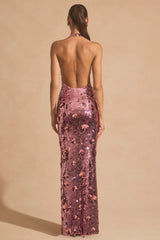 Sequin-Embellished Halterneck Maxi Dress in Pink