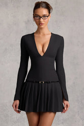 Long-Sleeve Pleated Mini Dress in Black
