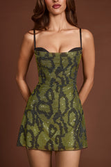 Embellished Cowl Neck A-line Mini Dress in Green Snake