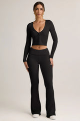 Modal Ribbed Foldover Flared Trousers in Black