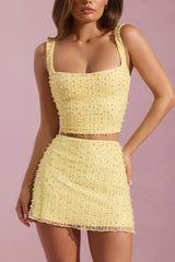 Embellished Square-Neck Crop Top in Yellow