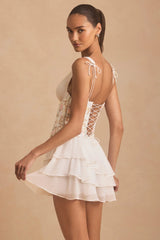 Embellished Ruffled Corset Mini Dress in Ivory