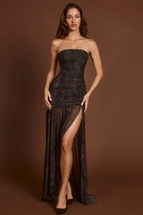 Embellished Bandeau Gathered Maxi Dress in Snake Hotfix