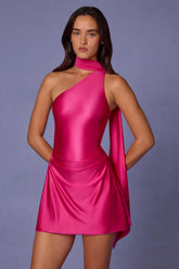 Asymmetric Scarf-Detail Mini Dress in Hot Pink