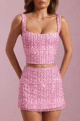 Embellished Square-Neck Crop Top in Pink