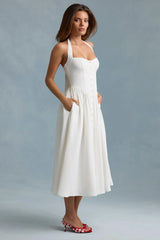 Button-Detail Halterneck Midaxi Dress in White