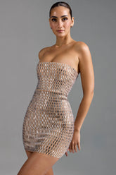 Embellished Bandeau Mini Dress in Almond
