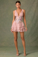 Embellished Ruffled Corset Mini Dress in Floral Pink