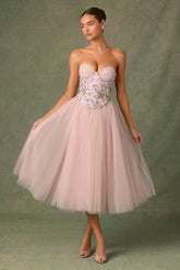 Embellished Lace-Up Cupless Corset in Floral Pink