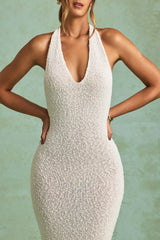Bouclé Halterneck Maxi Dress in White