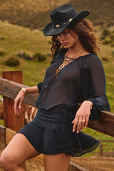 Lace-Up Balloon-Sleeve Mini Dress in Black