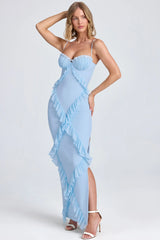 Plissé Ruffle-Trim Maxi Dress in Powder Blue