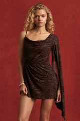 Devoré One-Sleeve A-Line Mini Dress in Dark Chocolate