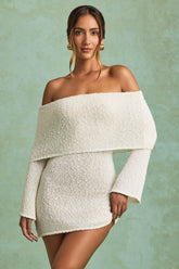 Bouclé Off-Shoulder Mini Dress in White