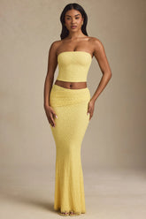 Draped Low-Rise Lace Maxi Skirt in Pastel Yellow