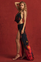 Mid-Rise Split Maxi Skirt in Red Blurred Print