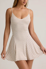 Modal Ribbed Tie-Back A-Line Mini Dress in Pink Yellow Stripe