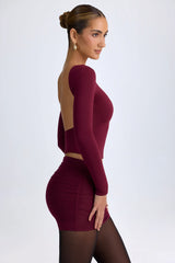 Modal High Neck Long Sleeve Open Back Top in Wine Red