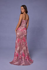 Ruched Asymmetric Corset Gown in Blurred Floral