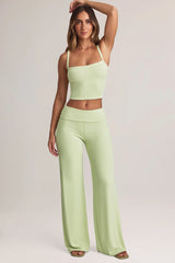Modal Foldover Wide-Leg Trousers in Sage Green