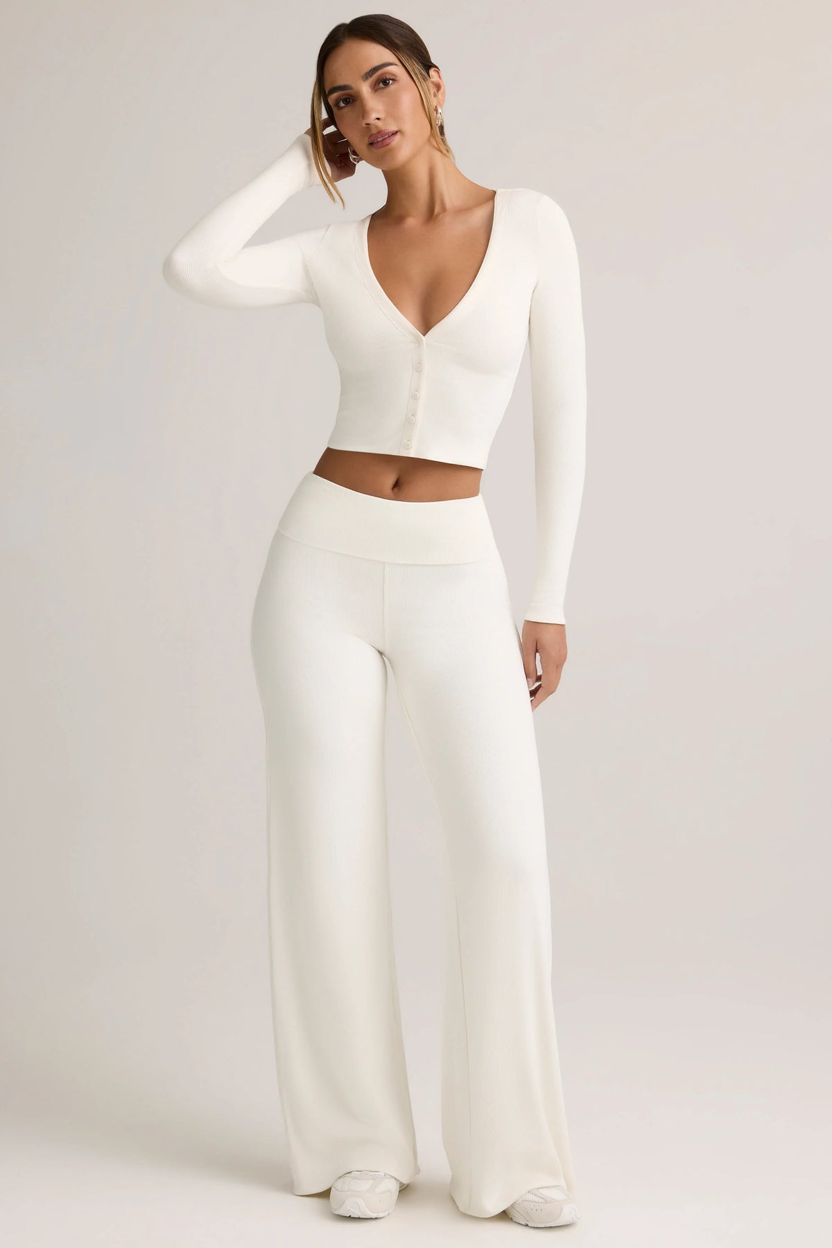 Modal Foldover Wide-Leg Trousers in White