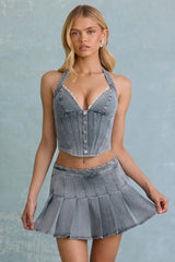 Low-Rise Pleated Mini Skirt in Light Blue