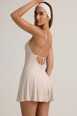 Modal Ribbed Tie-Back A-Line Mini Dress in Pink Yellow Stripe