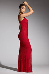 Embellished Plunge Neck Evening Gown in Red