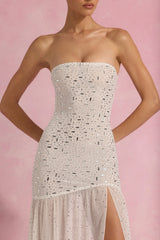 Semi-Sheer Embellished Asymmetric Maxi Dress in White
