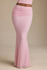 Draped Low-Rise Lace Maxi Skirt in Soft Pink