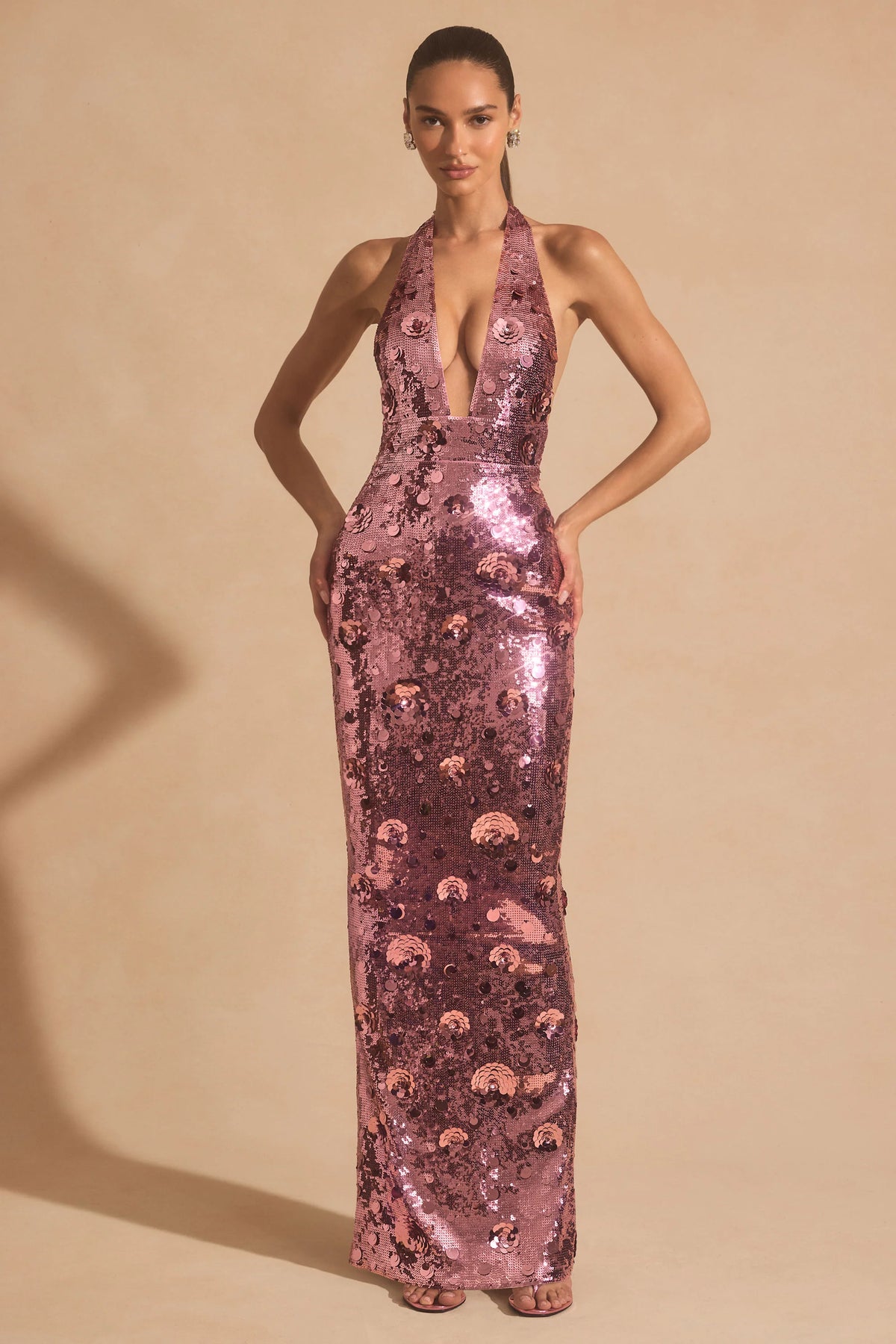 Sequin-Embellished Halterneck Maxi Dress in Pink