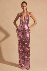 Sequin-Embellished Halterneck Maxi Dress in Pink