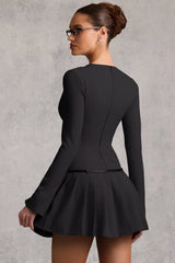 Long-Sleeve Pleated Mini Dress in Black