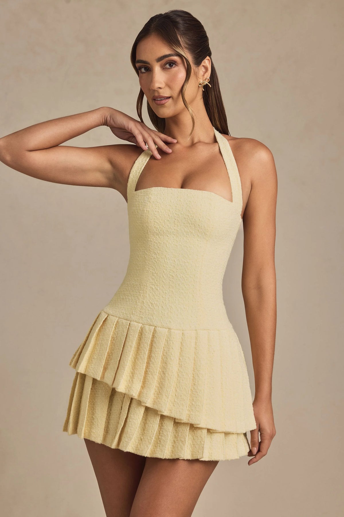 Asymmetric Layered Halterneck Mini Dress in Pastel Yellow