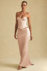 Draped Low-Rise Maxi Skirt in Beige Gold