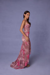 Ruched Asymmetric Corset Gown in Blurred Floral