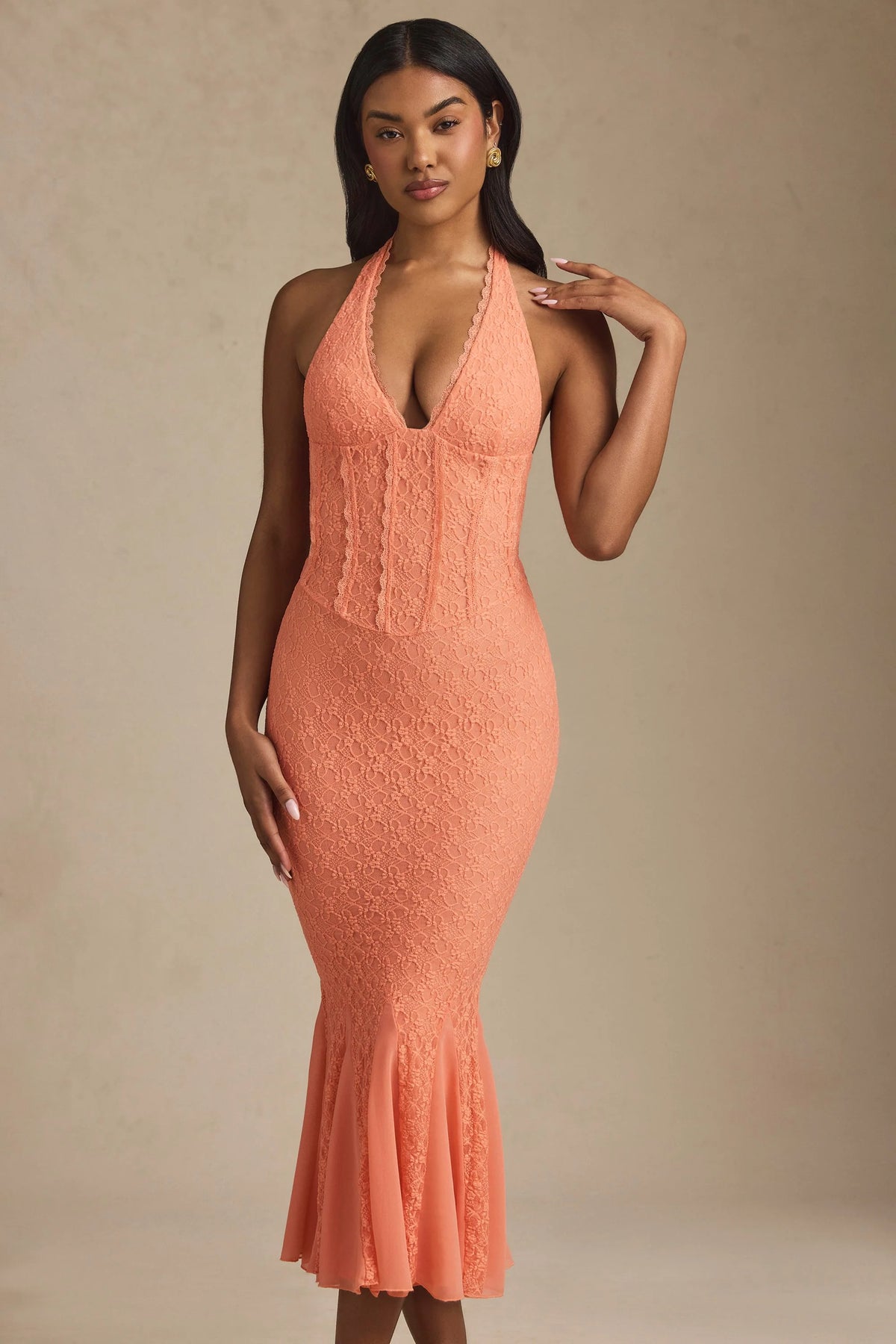 Halterneck Corset Lace Midaxi Dress in Peach