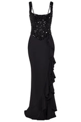 Embellished Ruffle-Trim Corset Gown in Black